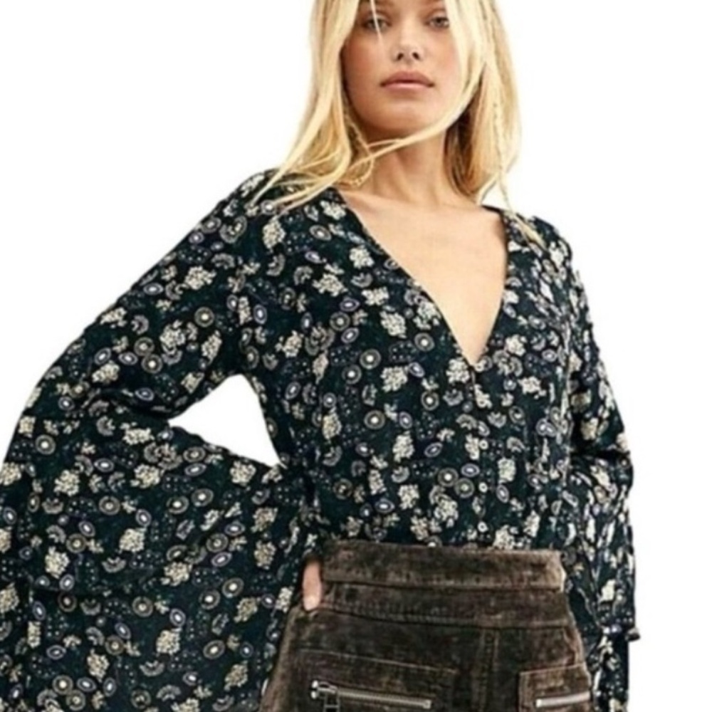 Free People Intimately Free She's Dainty Black Floral Bell Sleeve Bodysuit